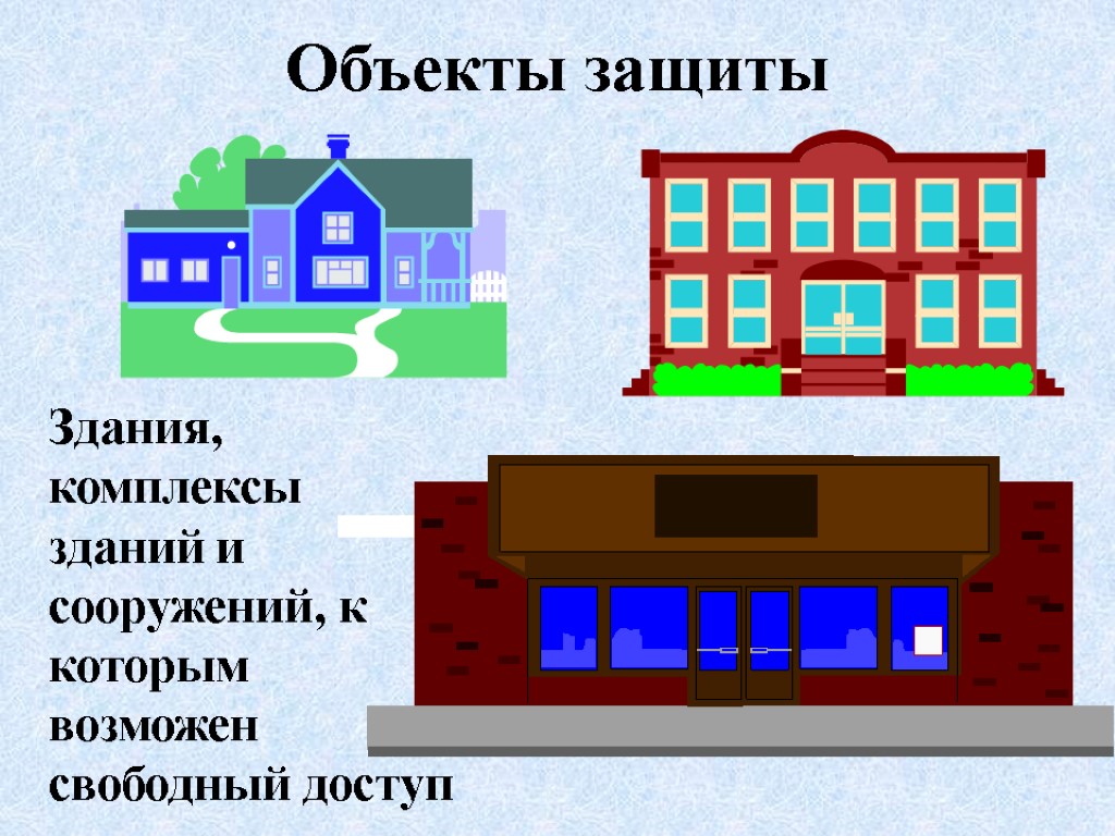 Объекты защиты Здания, комплексы зданий и сооружений, к которым возможен свободный доступ